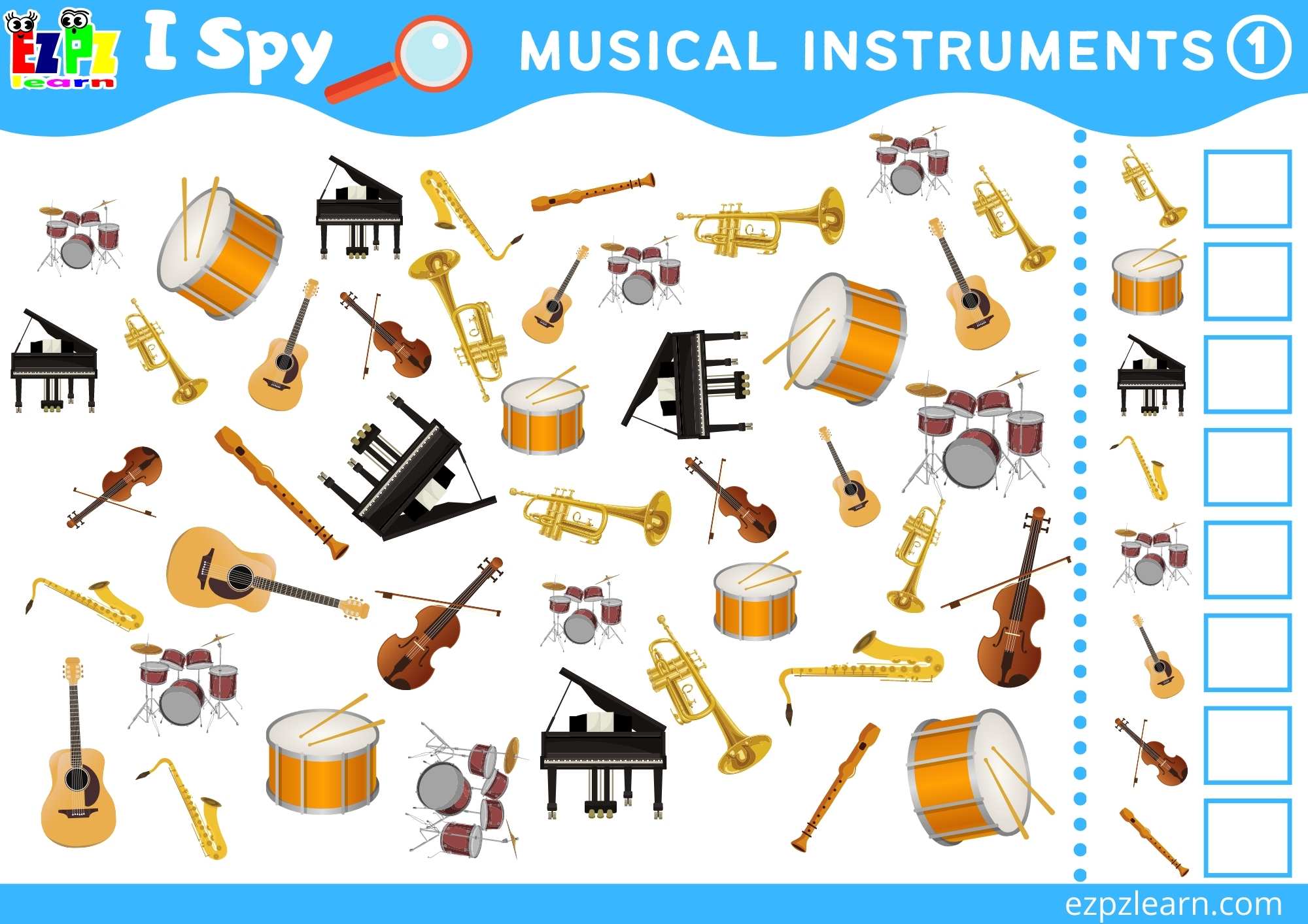 Musical Instruments 1 Topic I Spy Game for kids Free PDF Download